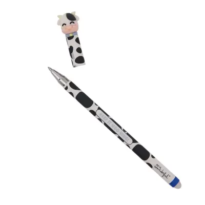 Caneta decorativa com padrão de vaca e tampa com cabeça de vaca sorridente