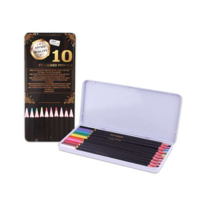 Conjunto de lápis de cor em caixa metálica com embalagem preta e dourada.