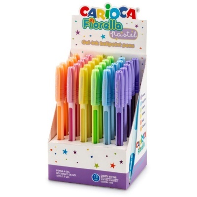 Expositor de canetas gel coloridas Carioca Fiorella em tons pastel