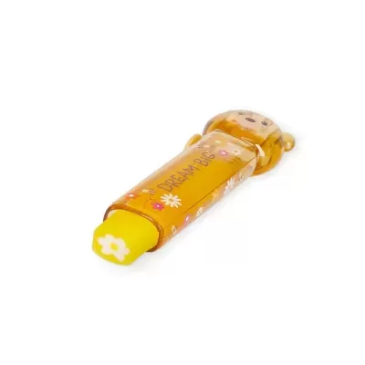 Marcador amarelo com estojo decorado e tampa em forma de cabeça de urso