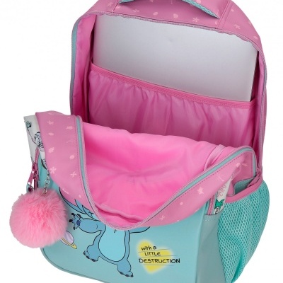 Mochila azul turquesa com interior rosa e estampa de personagem