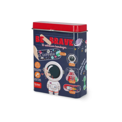 Lata metálica azul e vermelha com pensos rápidos autocolantes e ilustrações espaciais