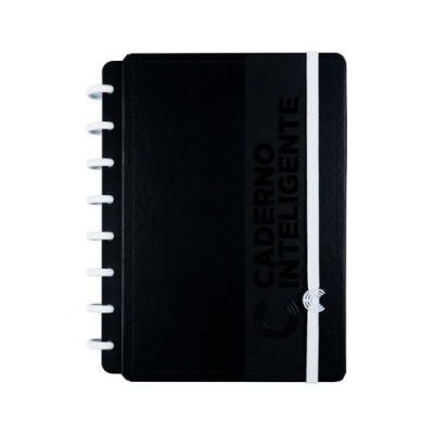Caderno inteligente preto com argolas e elástico branco