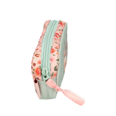 Estojo retangular verde e rosa com padrão floral e fecho de correr