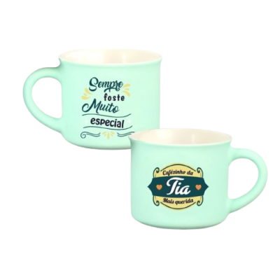 Duas chávenas de café verde água com frases de homenagem à tia