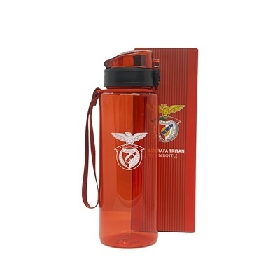 Garrafa desportiva vermelha transparente com logotipo do Benfica e caixa vermelha correspondente