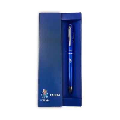 Caneta metálica azul e caixa azul com símbolo FC Porto