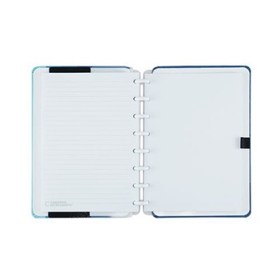 Agenda ou caderno aberto com espiral e capa azul.