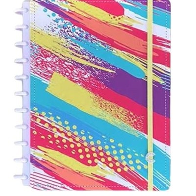 Caderno com capa colorida abstrata e elástico amarelo