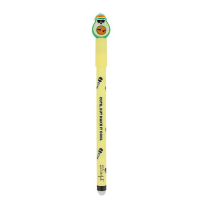 Caneta amarela com figura de abacate com óculos no topo