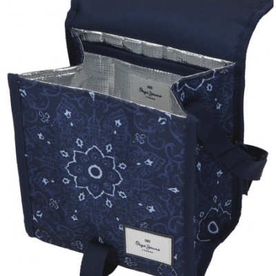 Mala térmica azul escuro com padrão floral branco e fecho de aba aberto
