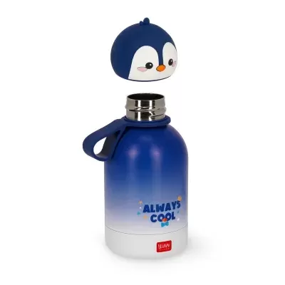 Garrafa térmica azul com tampa de cabeça de pinguim e texto 'ALWAYS COOL'.