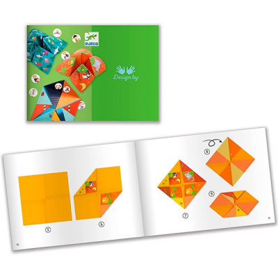 Folheto com capa verde mostrando pufes coloridos e instruções de dobragem de papel com desenhos de animais