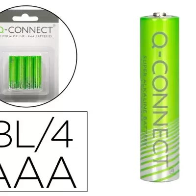 Pilha AAA super alcalina Q-CONNECT em embalagem com 4 unidades verde e prata.