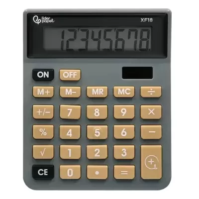 Calculadora cinza com botões amarelos e pretos e visor digital