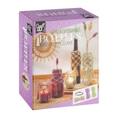 Caixa de kit artesanal para decoração com nós de macramé e frascos decorados