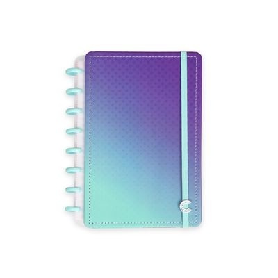 Caderno capa rígida azul lilás com elástico e anéis azuis