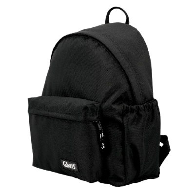 Mochila preta com bolso frontal e etiqueta GHOUS