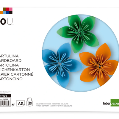 Pacote de cartolina com 10 folhas coloridas e flores decorativas em verde, azul e laranja.