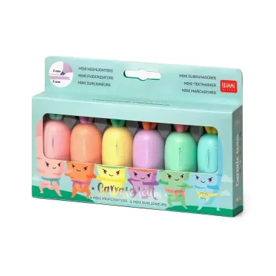 Pacote com seis marcadores de texto mini em cores pastel com ilustrações de gatos