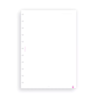 Folha branca para caderno com furos laterais e detalhes em rosa