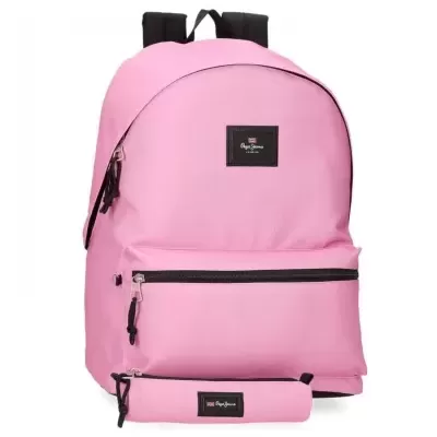Mochila rosa clara com estojo tubular correspondente e etiquetas Pepe Jeans
