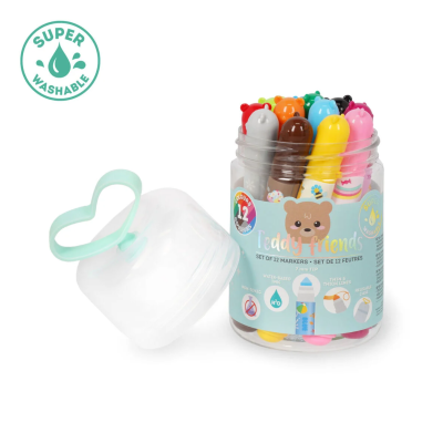 Conjunto de marcadores Teddy Friends em pote transparente com tampa azul em forma de coração