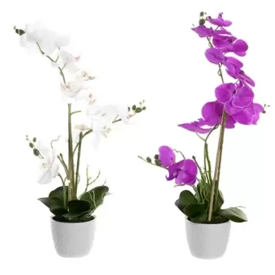 dois vasos com orquídeas artificiais, flores brancas e roxas