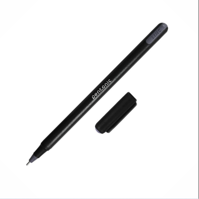 Caneta preta com tampa destacada e texto Pentonic e 0.4 MM.