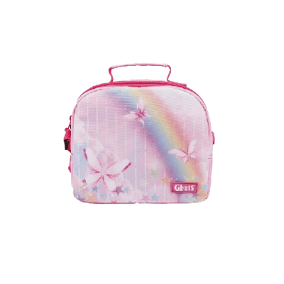 Bolsa térmica rosa com padrão de borboletas e arco-íris