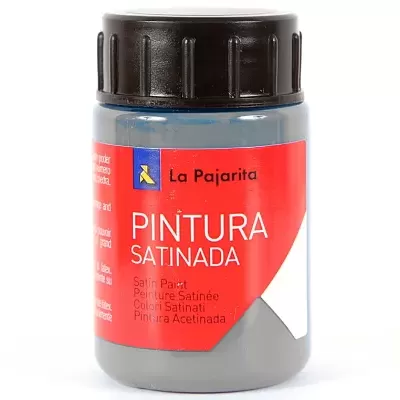 Frasco de tinta satinada cinzenta da marca La Pajarita com etiqueta vermelha.
