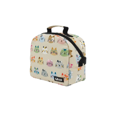 Necessaire bege com desenhos coloridos de gatos e alça preta