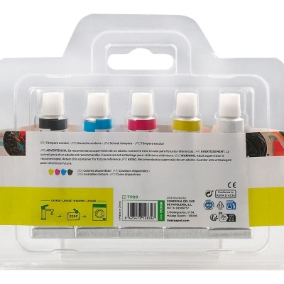 Pacote com cinco tubos de tinta guache coloridos em embalagem plástica