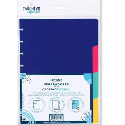 Conjunto de separadores coloridos para caderno em embalagem com texto explicativo