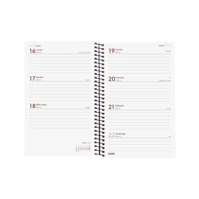 Agenda semanal aberta com datas de 16 a 22 de março com espiral preta