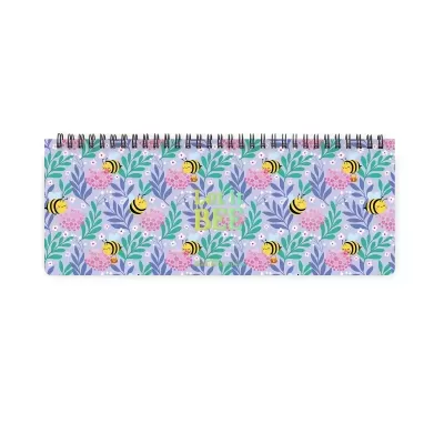 Caderno espiralado com padrão de abelhas, flores e folhas