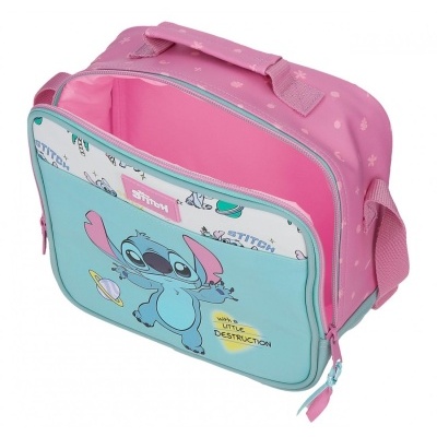 Mala infantil rosa e azul com desenho do Stitch e texto com fecho e alça