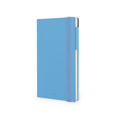 Caderno azul claro com elástico e suporte para caneta