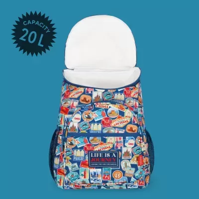 Mochila colorida com padrão de autocolantes de viagens e texto LIFE IS A JOURNEY LEGAMI