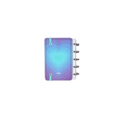 Caderno pequeno azul e lilás com coração e argolas metálicas