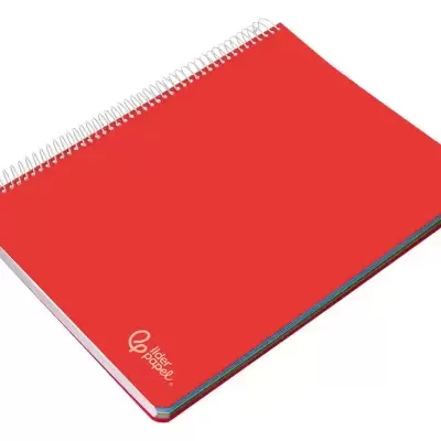 Caderno espiralado vermelho com páginas coloridas e logotipo lider papel