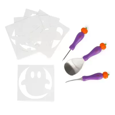 Conjunto de ferramentas de Halloween com cabo roxo e moldes de papel branco