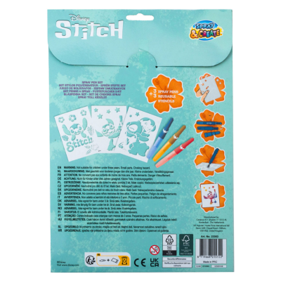 Conjunto de canetas spray multicoloridas com stencils de Stitch em embalagem azul claro.