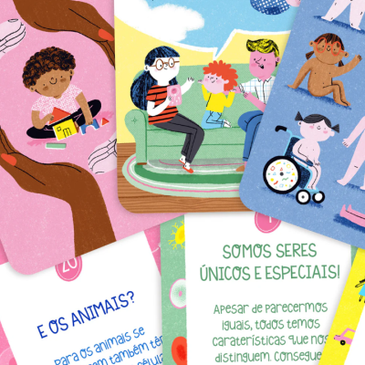 Páginas coloridas de um livro infantil com ilustrações e texto em português sobre diversidade