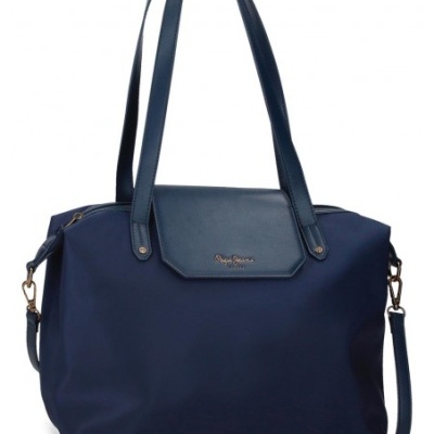 Mala azul escuro com aba e alças em pele e logótipo Pepe Jeans
