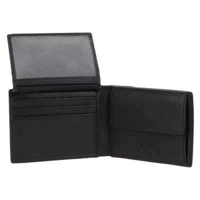 Carteira masculina preta em pele aberta com divisória em rede e bolso com aba