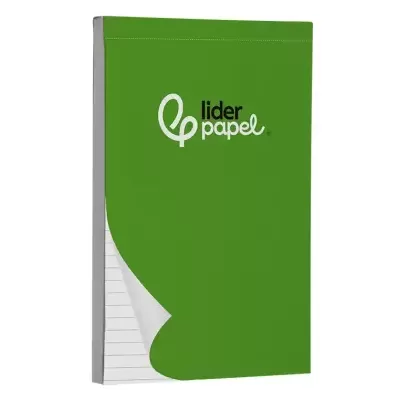 Bloco de notas com capa verde e texto lider papel