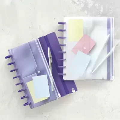 Dois cadernos com capas translúcidas roxa e branca, canetas e blocos de notas coloridos.