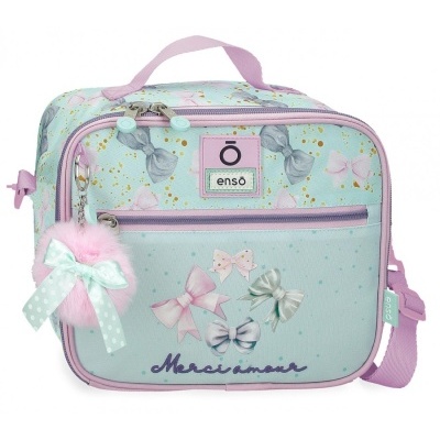 Mala escolar azul claro com padrão de laços e detalhes lilás