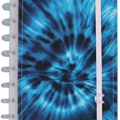 Caderno com capa tie-dye azul e negro com elástico branco
